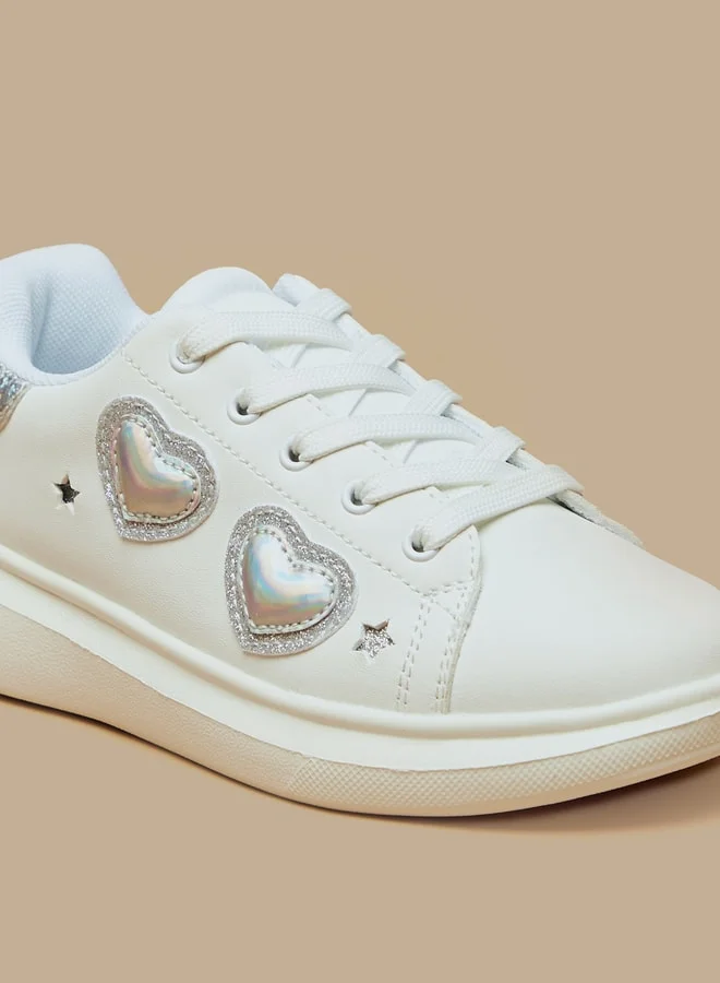 MISSY Girls Heart Applique Sneakers With Lace-Up Closure