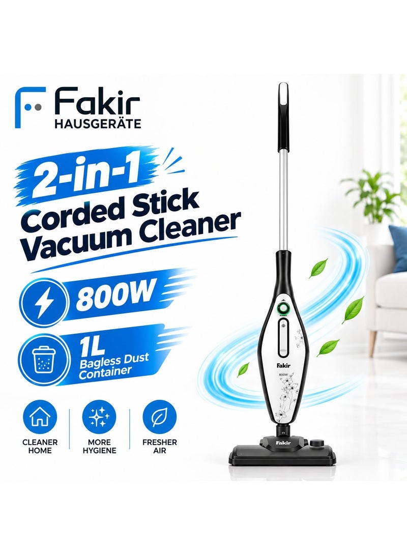 Fakir 2-in-1 Corded Stick Vacuum Cleaner, 800W, 1L Bagless Dust Container, EPA Filter, High Suction Multi-Surface Vacuum Cleaner for Home Cleaning, Black and Silver - Image 1