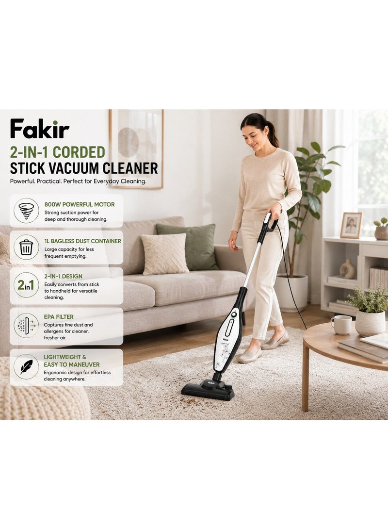Fakir 2-in-1 Corded Stick Vacuum Cleaner, 800W, 1L Bagless Dust Container, EPA Filter, High Suction Multi-Surface Vacuum Cleaner for Home Cleaning, Black and Silver - Image 3