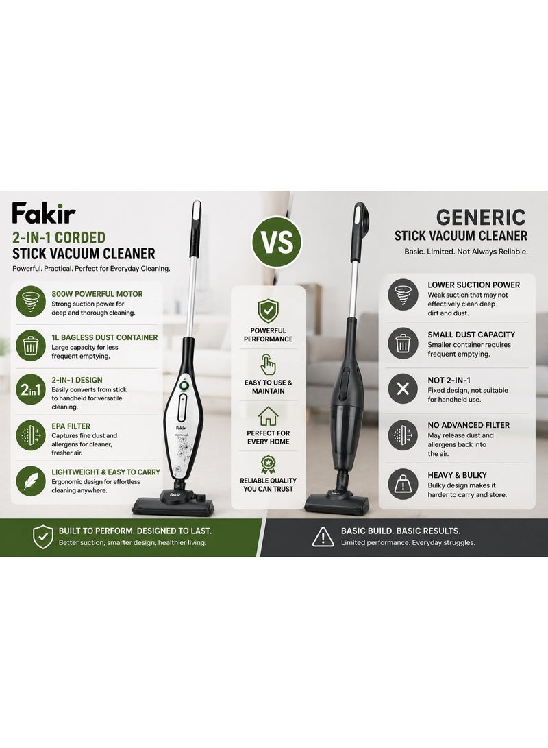 Fakir 2-in-1 Corded Stick Vacuum Cleaner, 800W, 1L Bagless Dust Container, EPA Filter, High Suction Multi-Surface Vacuum Cleaner for Home Cleaning, Black and Silver - Image 4