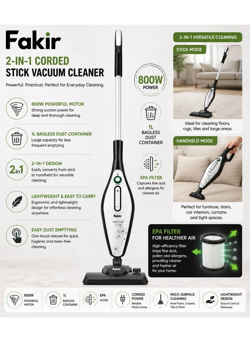 Fakir 2-in-1 Corded Stick Vacuum Cleaner, 800W, 1L Bagless Dust Container, EPA Filter, High Suction Multi-Surface Vacuum Cleaner for Home Cleaning, Black and Silver - Image 2