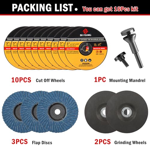 SI FANG 16Pcs 3 inch Cut-Off Wheel Grinding Wheel Flap Discs Kit with 3/8" Arbor 1/4" Stem Mounting Mandrel Die Grinder Accessories Drill Attachment, Metal Stainless Steel Wood Cutting and Grinding - Image 2