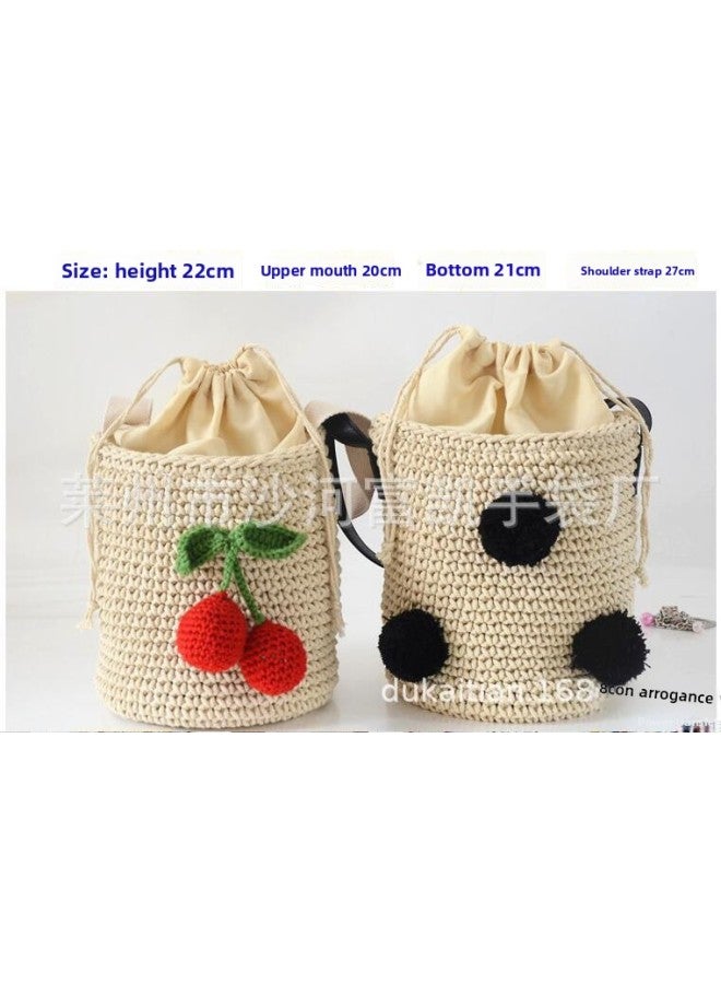 Straw Cylinder Cherry Bag Ball Bag Beach Bag Travel Vacation Fashion Leisure Bag A Generation Of Hair-Color:Red Cherry
