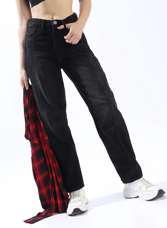 HIGH STAR Women's Black 100% Cotton Distressed Pattern Full Length Denim Relaxed Jeans