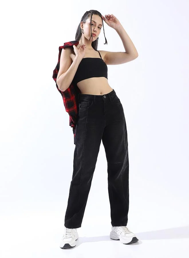 HIGH STAR Women's Black 100% Cotton Distressed Pattern Full Length Denim Relaxed Jeans