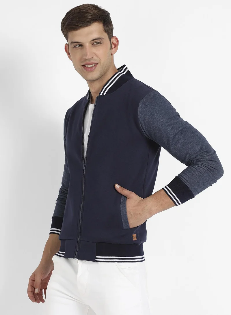 CAHOOT  Men's Navy Blue Zip-Front Jacket With Contrast Striped Hem for Men | Best Price UAE