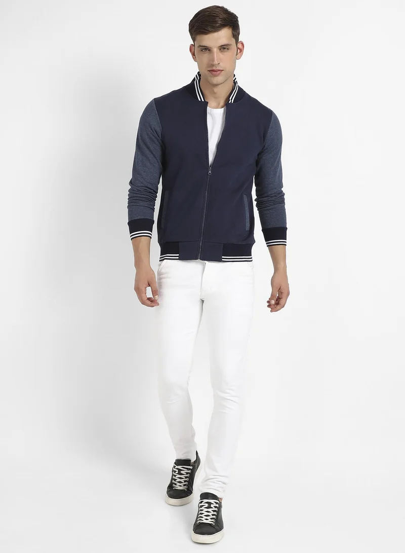CAHOOT  Men's Navy Blue Zip-Front Jacket With Contrast Striped Hem for Men | Best Price UAE