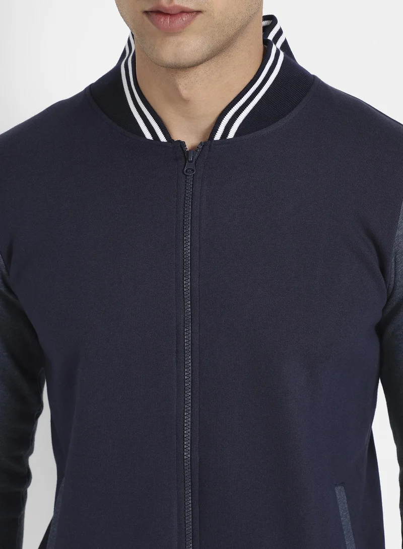CAHOOT  Men's Navy Blue Zip-Front Jacket With Contrast Striped Hem for Men | Best Price UAE