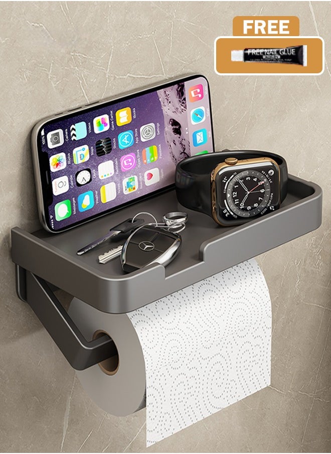 DGSENPI Stainless Steel Toilet Paper Holder, Multifunctional Paper Tissue Rack, Wall Mount Self Adhesive Paper Holder, with Widened Non-Slip Storage Tray, Strong Load-Bearing and Rust-Proof, Perfect for Bathroom and Kitchen, Slant Bar Style  - Image 2