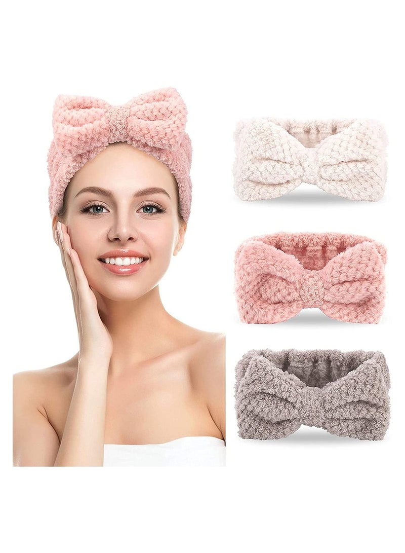 ORiTi 3 Pack Spa Headbands, Elastic Microfiber Headband For Washing Face, Yoga Sports Shower Facial Makeup Headband, Skincare Headbands, Coral Fleece Bowknot Hair Bands For Women - Image 1