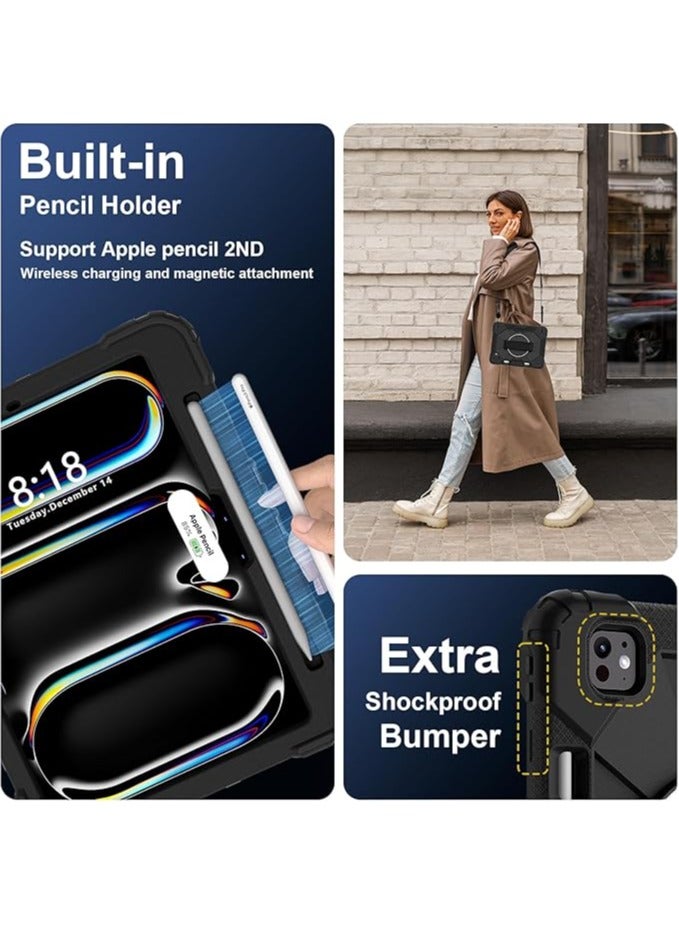 عام حافظة قوية لجهاز iPad Pro 11 بوصة M4 2024، مزودة بحامل قلم، قاعدة دوارة، حزام للمعصم، وحزام للكتف - حافظة متينة ومقاومة للصدمات مناسبة للأطفال والمراهقين. - Image 3