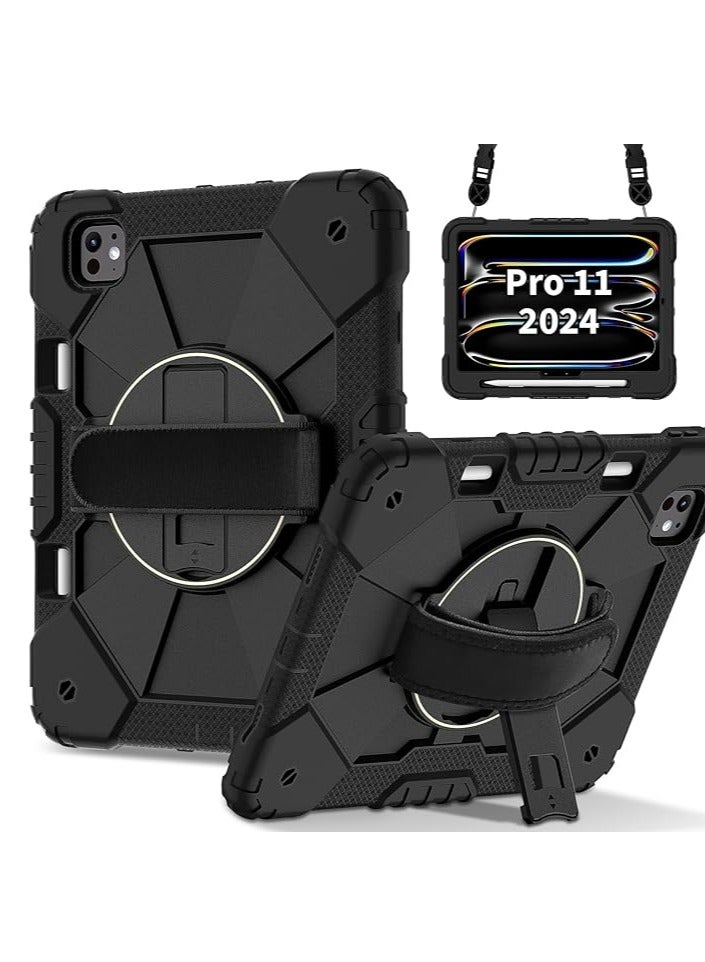 عام حافظة قوية لجهاز iPad Pro 11 بوصة M4 2024، مزودة بحامل قلم، قاعدة دوارة، حزام للمعصم، وحزام للكتف - حافظة متينة ومقاومة للصدمات مناسبة للأطفال والمراهقين. - Image 1