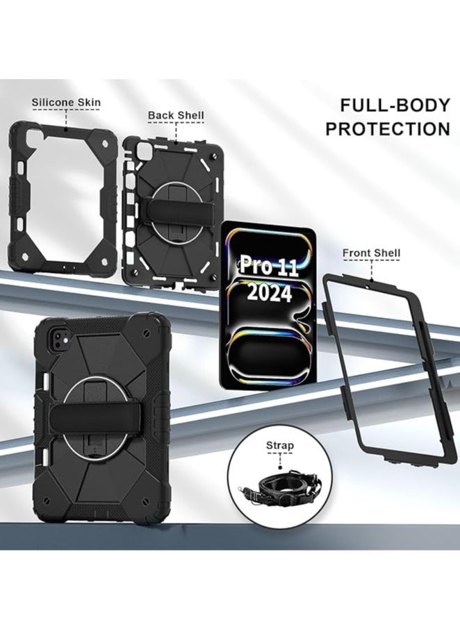 عام حافظة قوية لجهاز iPad Pro 11 بوصة M4 2024، مزودة بحامل قلم، قاعدة دوارة، حزام للمعصم، وحزام للكتف - حافظة متينة ومقاومة للصدمات مناسبة للأطفال والمراهقين. - Image 4