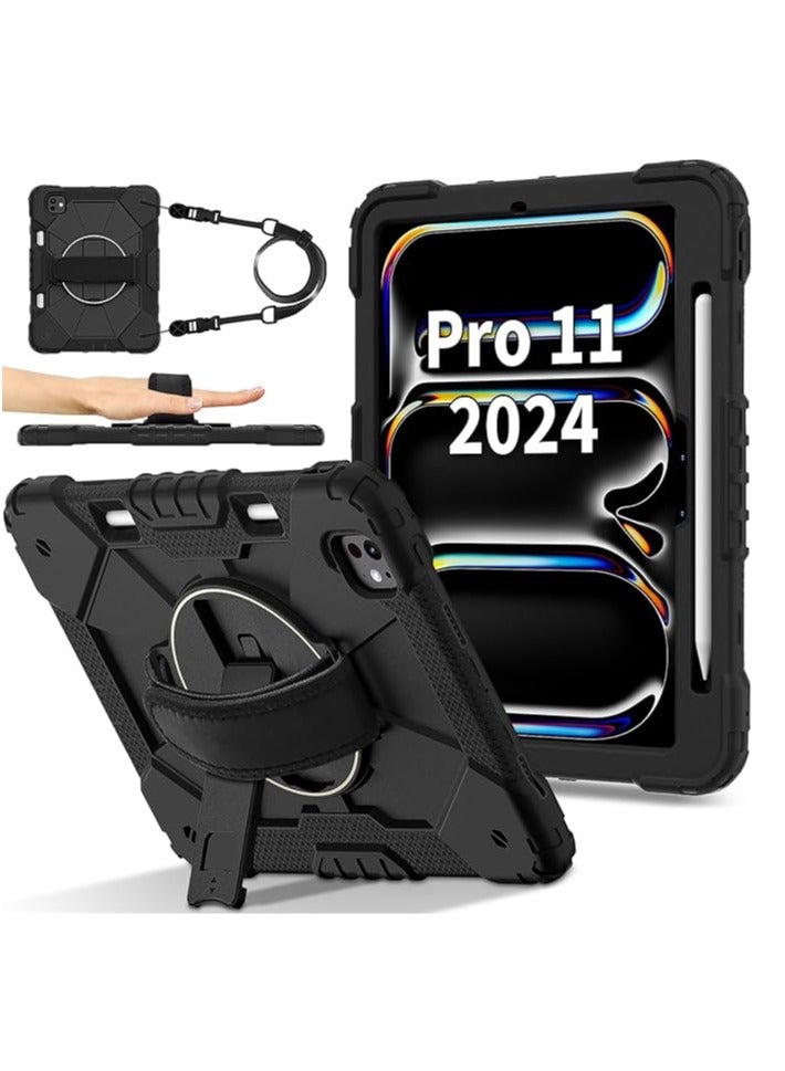 عام حافظة قوية لجهاز iPad Pro 11 بوصة M4 2024، مزودة بحامل قلم، قاعدة دوارة، حزام للمعصم، وحزام للكتف - حافظة متينة ومقاومة للصدمات مناسبة للأطفال والمراهقين. - Image 2
