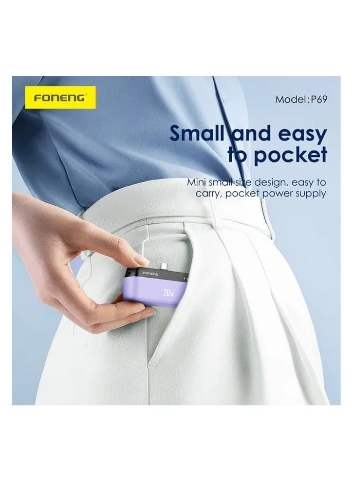 FONENG P69 5000 mAh Mini Power Bank with Connector (20W) - TC Type Pink Color for Women - Image 2