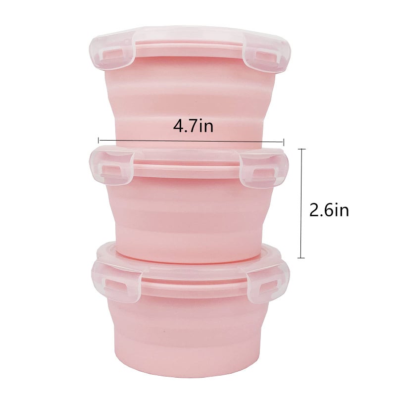 CCyanzi 3piece Round Collapsible Bowl with Lids  Silicone Food Storage Containers  Microwave & Freezer Safe  Space Saving for Kitchen Cabinet and Camping Backpack (Pink) - Image 3