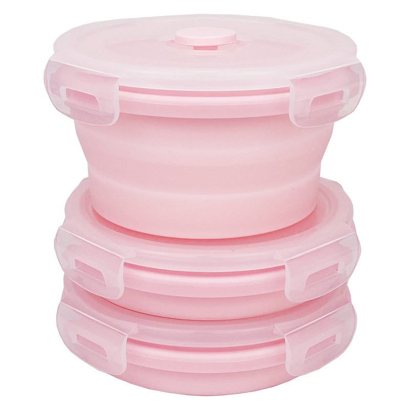 CCyanzi 3piece Round Collapsible Bowl with Lids  Silicone Food Storage Containers  Microwave & Freezer Safe  Space Saving for Kitchen Cabinet and Camping Backpack (Pink) - Image 1