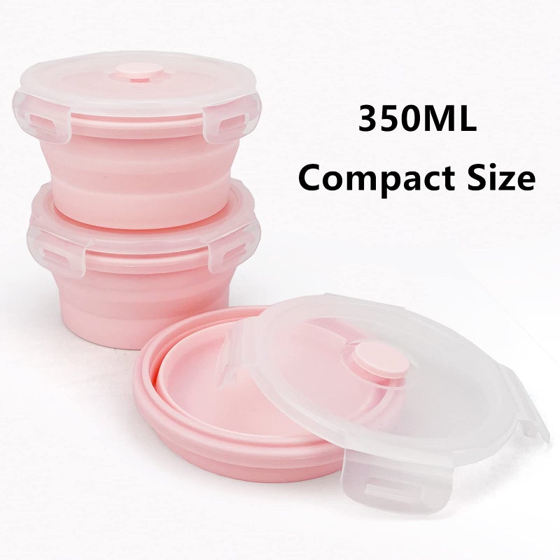 CCyanzi 3piece Round Collapsible Bowl with Lids  Silicone Food Storage Containers  Microwave & Freezer Safe  Space Saving for Kitchen Cabinet and Camping Backpack (Pink) - Image 2