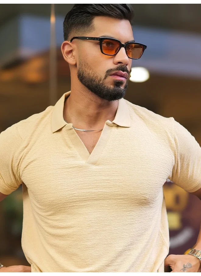 مانياك Mens Solid V-Neck Half Sleeve Beige Slim Fit T-Shirt