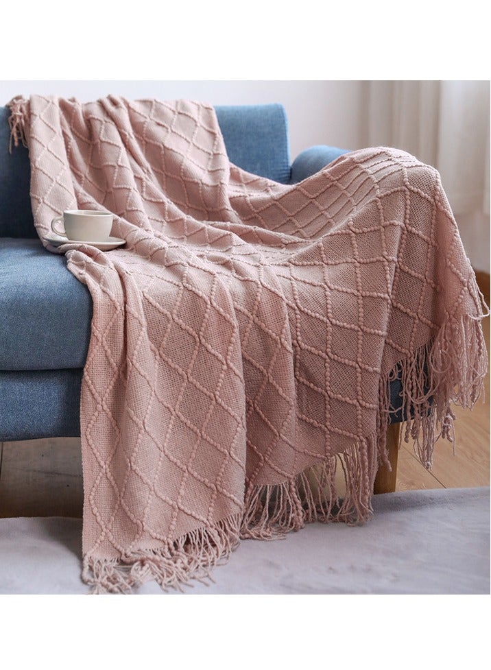 Loquat Tassel Design Knitted Soft Throw Blanket Keep Warm Ginger Greyish Pink