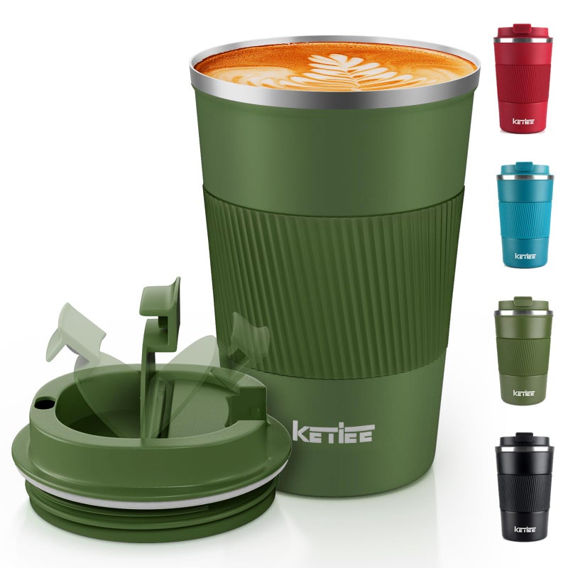 KETIEE Travel Mugs, 380ml Insulated Coffee Cup with Leakproof Lid,Reusable Coffee Cups Travel Cup,Coffee Travel Mug,Double Walled Coffee Mug,Stainless Steel thermaol Mug for Hot Cold Drinks,Olive Drab - Image 1