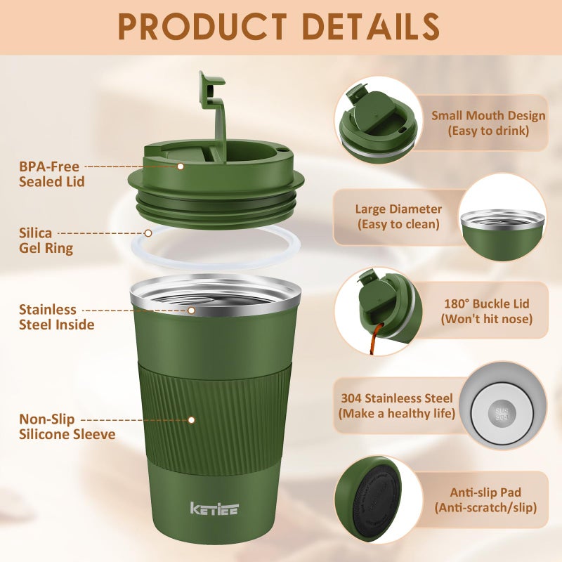 KETIEE Travel Mugs, 380ml Insulated Coffee Cup with Leakproof Lid,Reusable Coffee Cups Travel Cup,Coffee Travel Mug,Double Walled Coffee Mug,Stainless Steel thermaol Mug for Hot Cold Drinks,Olive Drab - Image 2