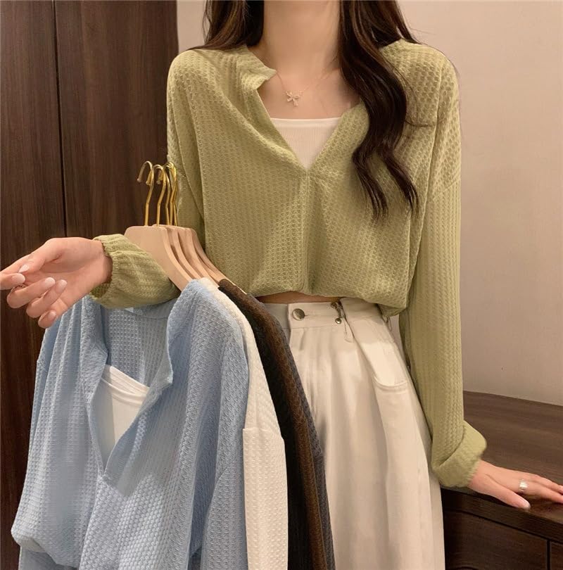 ICW Acrylic Women'S French Chic V-Neck Knitted Fake Two-Piece Suspenders Long Sleeves Solid Crop Top T-Shirt DN55 (Blue) - Image 2
