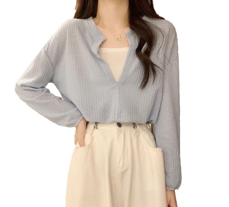 ICW Acrylic Women'S French Chic V-Neck Knitted Fake Two-Piece Suspenders Long Sleeves Solid Crop Top T-Shirt DN55 (Blue) - Image 5