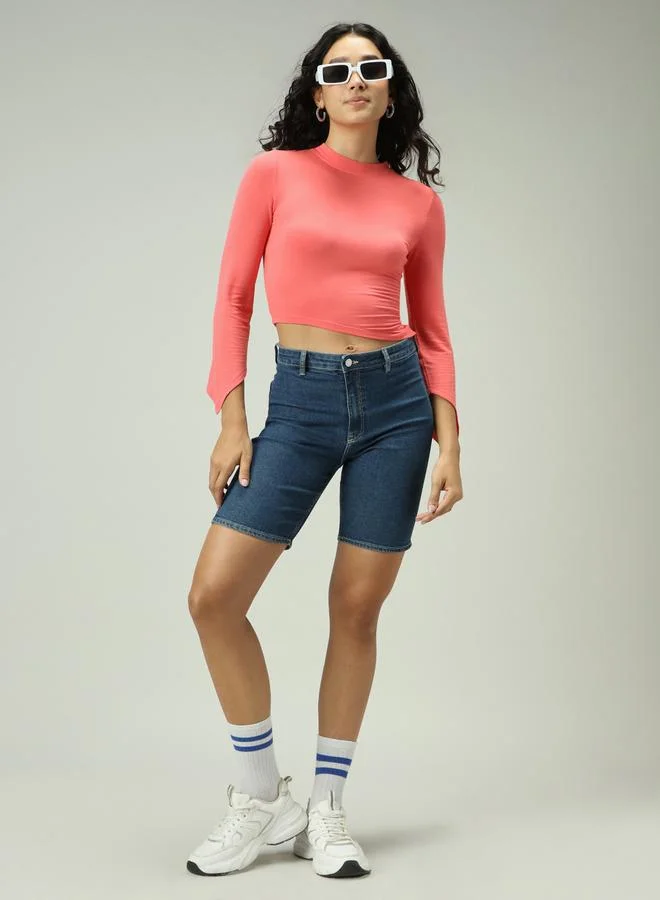 OUTZIDR  Pink Asymmetric Hem Fitted Top for Women | Best Price UAE
