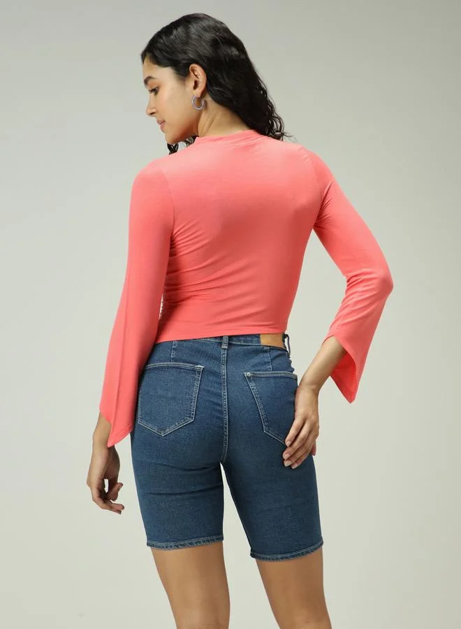 OUTZIDR  Pink Asymmetric Hem Fitted Top for Women | Best Price UAE
