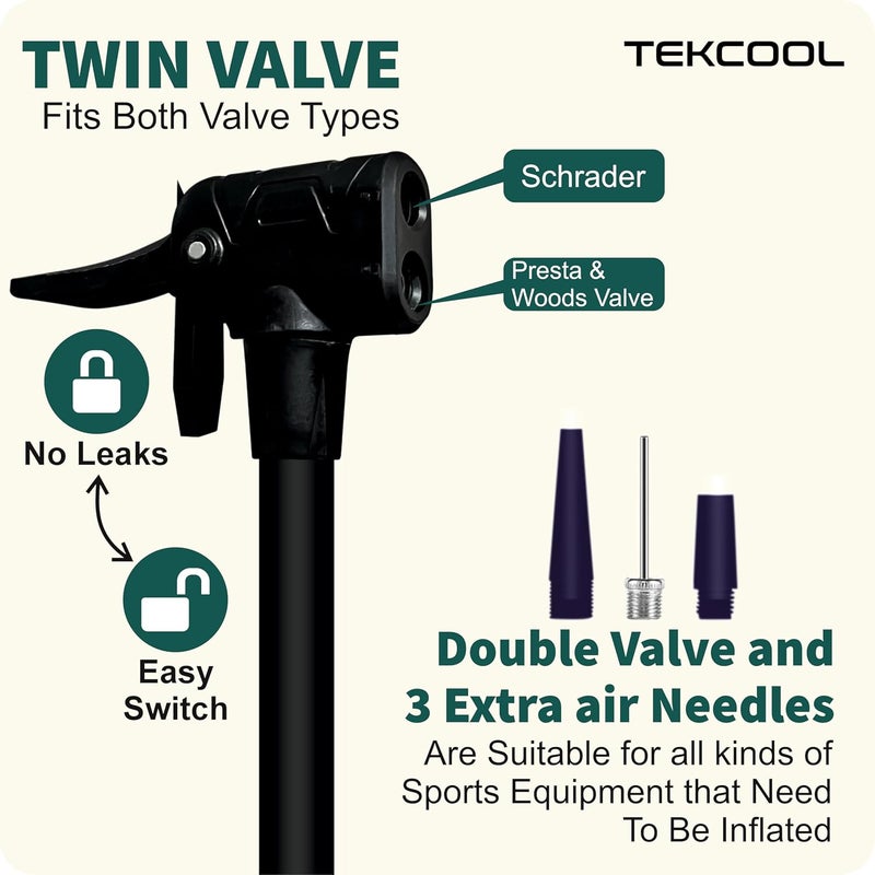 TEKCOOL آلة مضخة الهواء للبسكليت وكرة القدم بالبالون لضغط الهواء العالي للبسكليت، مضخة كرة القدم، مضخة لإطارات الدراجات - Image 2