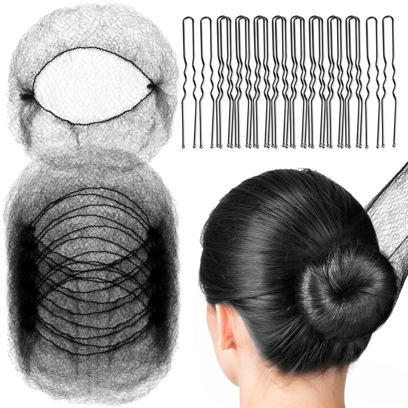 FANDAMEI Hair Nets U Shaped Hair Pins Set  20 Invisible Elastic Mesh Nets 40 Bun Maker Pins for Women Girls Ballet Dance Black