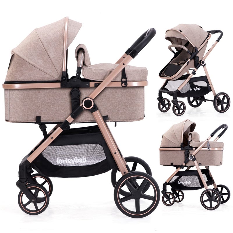 Lortsybab 2in1 Baby Stroller with Bassinet Mode Folding Infant Newborn Pram Stroller with Reversible Seat Toddler Strollers for 036 Months Old Babies Beige