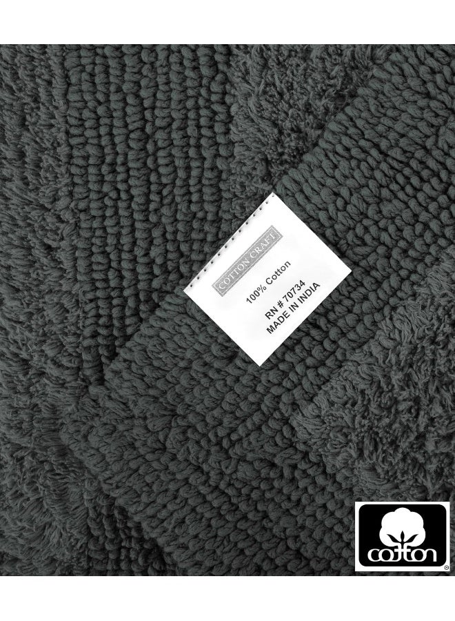 COTTON CRAFT Luxurious Bath Mat Rug Set of 2 Reversible Heavyweight Step Out Bath Mats for Bathroom Floor Tub and Shower Pure Cotton Soft Plush Absorbent Hand Tufted Mat 17 x 24 Charcoal Grey - Image 2