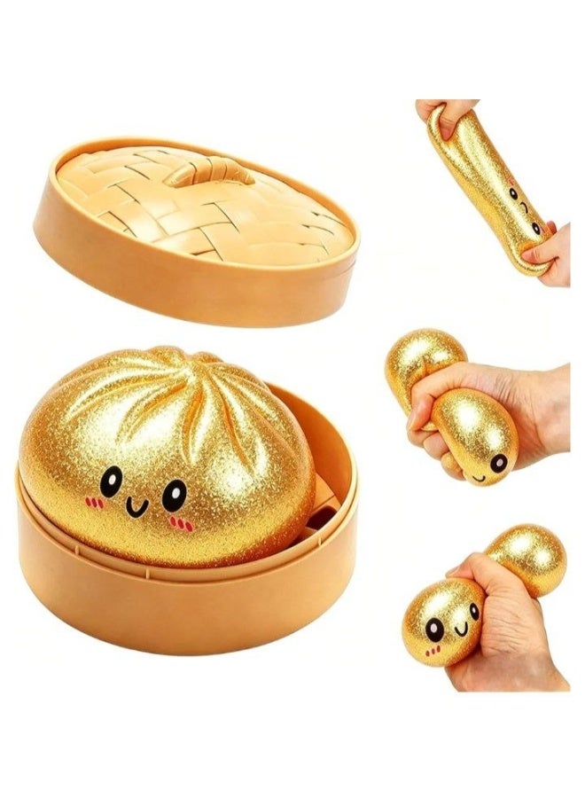 Glitter Gold Dumpling Squishy Toy, 10cm Giant Soft Stress Relief Fidget Toy - Image 1