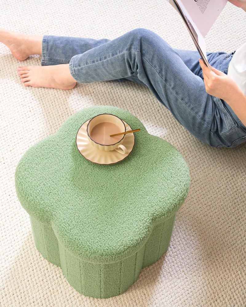 B FSOBEIIALEO Storage Ottoman Cube, Flowers Shaped Ottomans with Storage Foot Stool Footrest, Boucle Ottoman Seat for Dorm Room, Faux Teddy Fur, Green 15"x15"x15" - Image 4