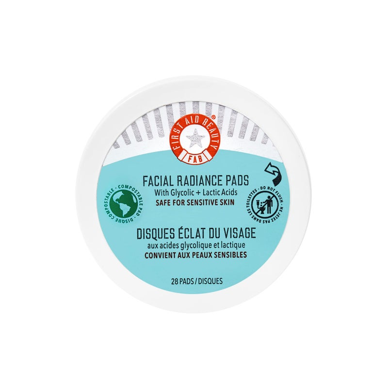 First Aid Beauty - Facial Radiance Pads with Glycolic & Lactic Acids, Daily Exfoliating Pads with AHA, Visibly Smaller Pores, Help Tone & Brighten Skin, One-Step Makeup Prep, Compostable, 28 - Image 1