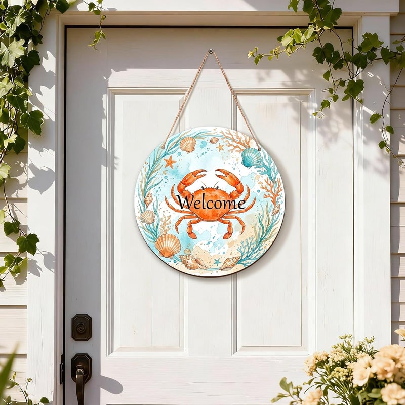 Crab Welcome Sign for Front Door, Coastal Nautical Seashell Coral Summer Orange Wood Front Porch Welcome Signs for Home Seasonal Holiday Porch Decor Set of 1 - Image 5