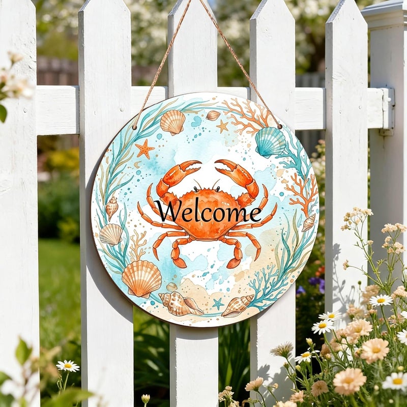Crab Welcome Sign for Front Door, Coastal Nautical Seashell Coral Summer Orange Wood Front Porch Welcome Signs for Home Seasonal Holiday Porch Decor Set of 1 - Image 4