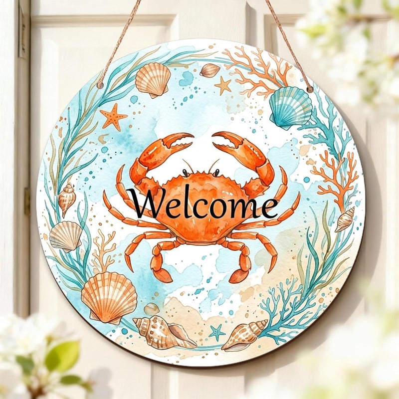Crab Welcome Sign for Front Door, Coastal Nautical Seashell Coral Summer Orange Wood Front Porch Welcome Signs for Home Seasonal Holiday Porch Decor Set of 1 - Image 2