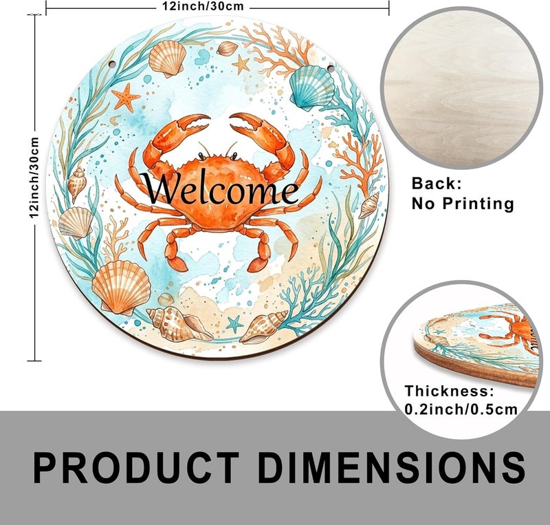 Crab Welcome Sign for Front Door, Coastal Nautical Seashell Coral Summer Orange Wood Front Porch Welcome Signs for Home Seasonal Holiday Porch Decor Set of 1 - Image 3