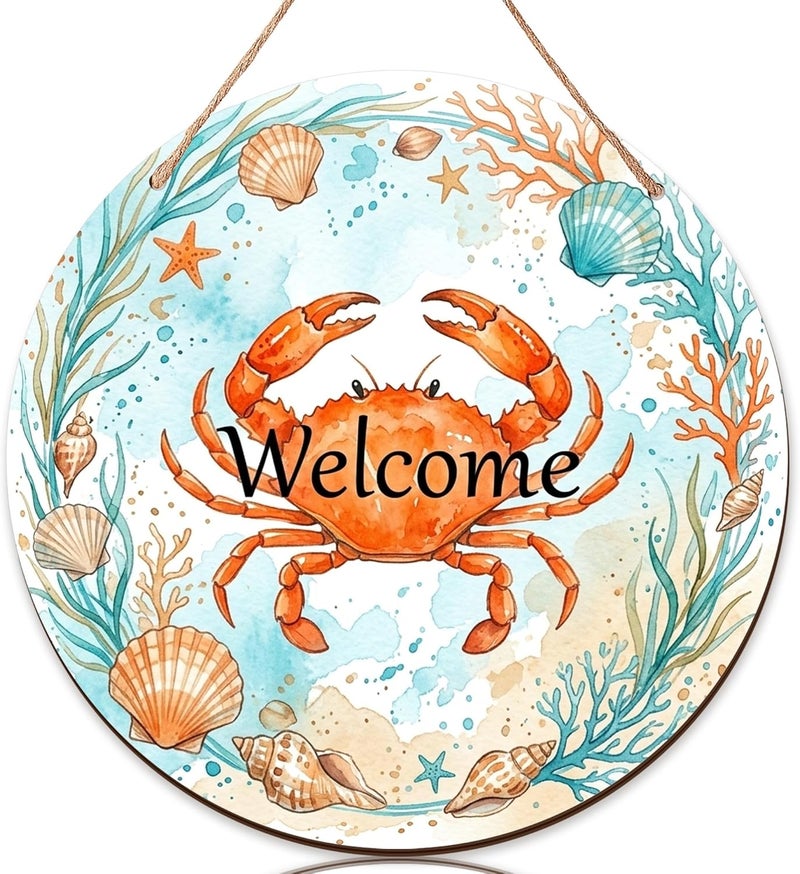 Crab Welcome Sign for Front Door, Coastal Nautical Seashell Coral Summer Orange Wood Front Porch Welcome Signs for Home Seasonal Holiday Porch Decor Set of 1 - Image 1