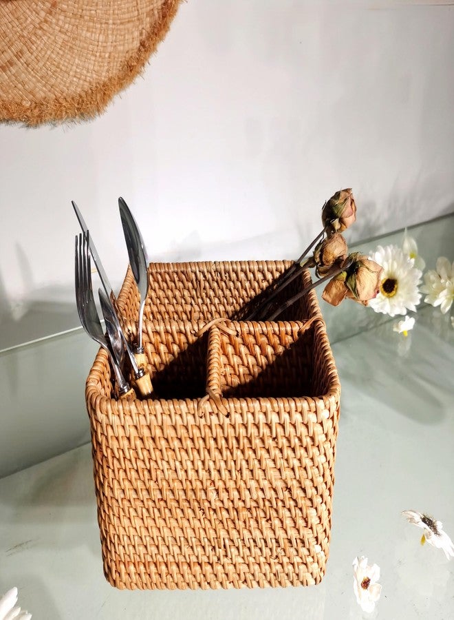 i-lan Natural Rattan 3-Compartment Utensil Organizer - Silverware & Cutlery Storage for Kitchen Drawer, Cosmetic Organizer for Vanity, Flatware Serving Caddy with Open Compartments (7 Inches) - Image 4