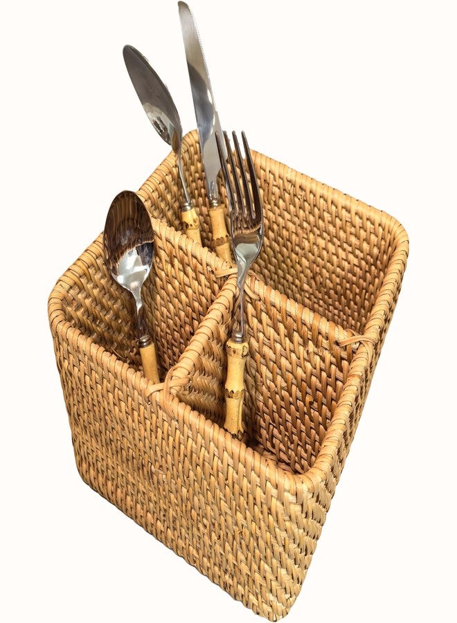 i-lan Natural Rattan 3-Compartment Utensil Organizer - Silverware & Cutlery Storage for Kitchen Drawer, Cosmetic Organizer for Vanity, Flatware Serving Caddy with Open Compartments (7 Inches) - Image 1