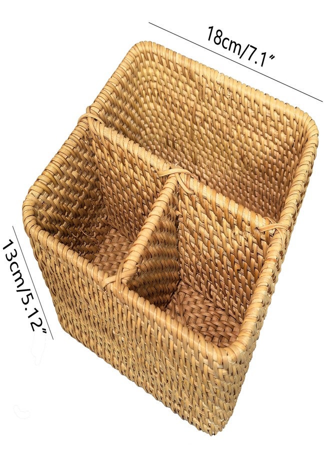 i-lan Natural Rattan 3-Compartment Utensil Organizer - Silverware & Cutlery Storage for Kitchen Drawer, Cosmetic Organizer for Vanity, Flatware Serving Caddy with Open Compartments (7 Inches) - Image 3