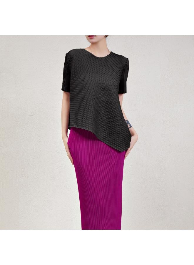 Pleated Women's Clothing Miyake Summer Thin Solid Color All-match Casual Breathable Irregular Hem Pullover Short-sleeved T-shirt 