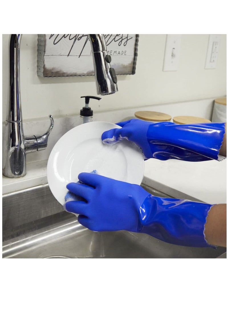 2 Pairs Rubber Household Cleaning Gloves for Kitchen Dishwashing, Cotton Lined, Blue - Image 2