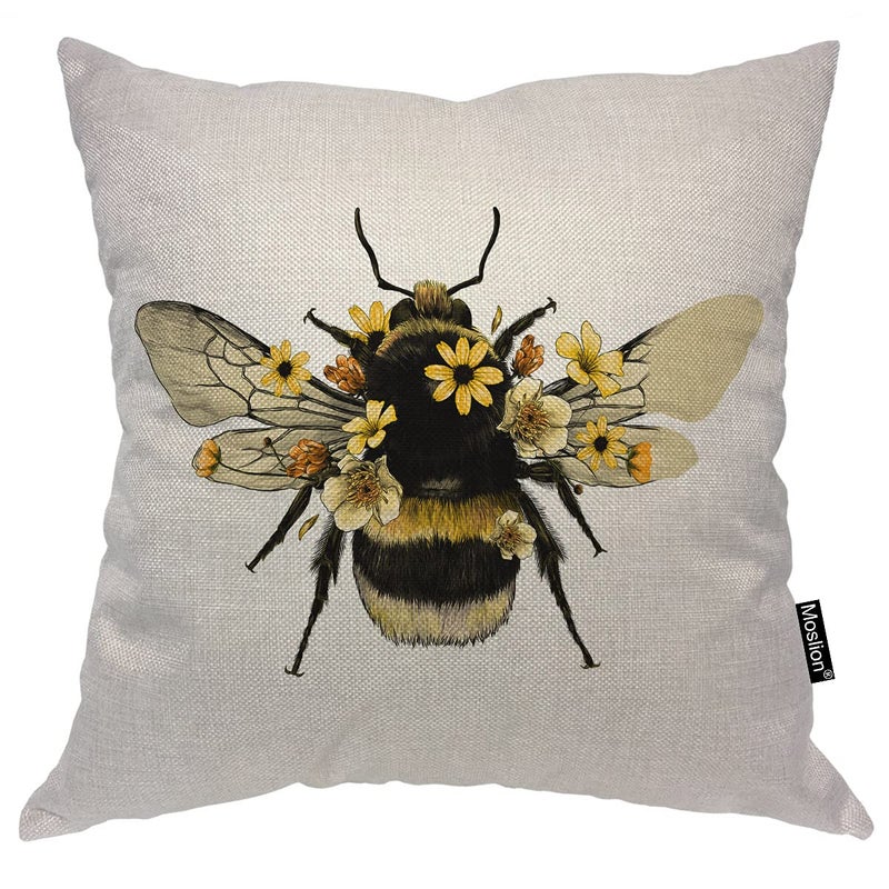 Moslion Bee Pillowcases 18x18 Inch Animal Insect Bug Bee with Wings Yellow Flower Throw Pillow Cover Case Cotton Linen Decorative Cushion for Couch Bed
