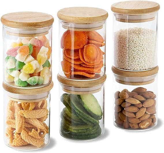ezalla Clear Glass Jar with Wooden Airtight leakproof Bamboo Lid for kitchen pantry Nutsteasugarcoffeespicesmasala Gifting ItemUses in cafesResturantsHotelscarfting 270ml pack of 3 - Image 1