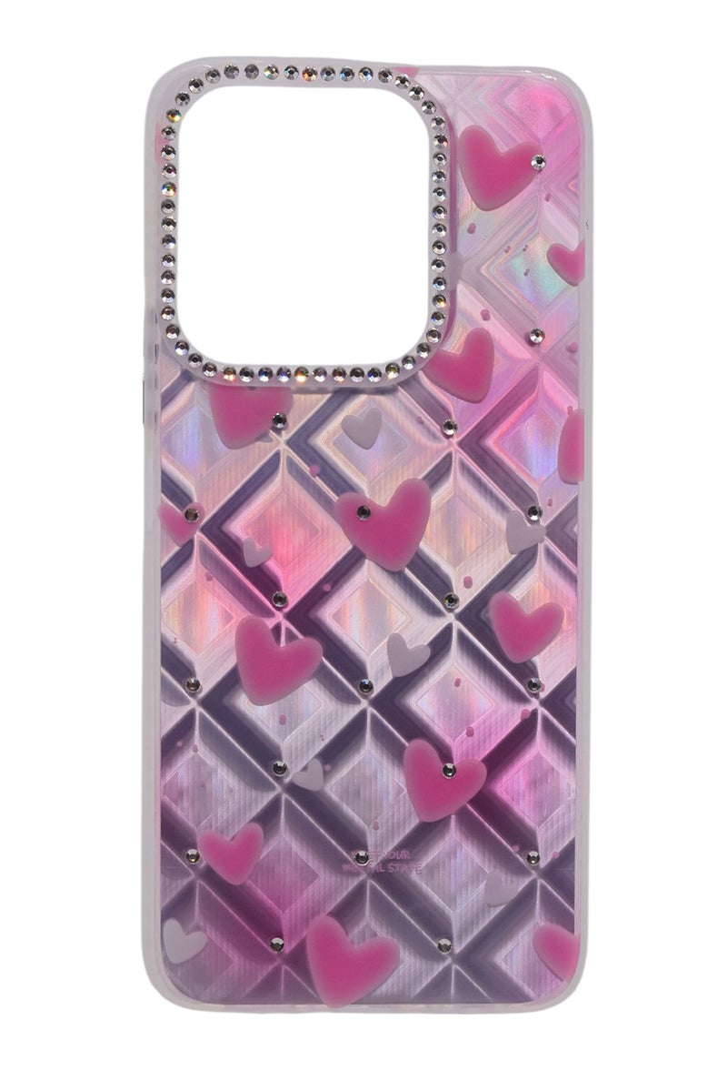 CFS TPU Heart Printed Back Cover Case with Rhinestone Camera Border For HONOR X6B - Pink Transparent - Image 1